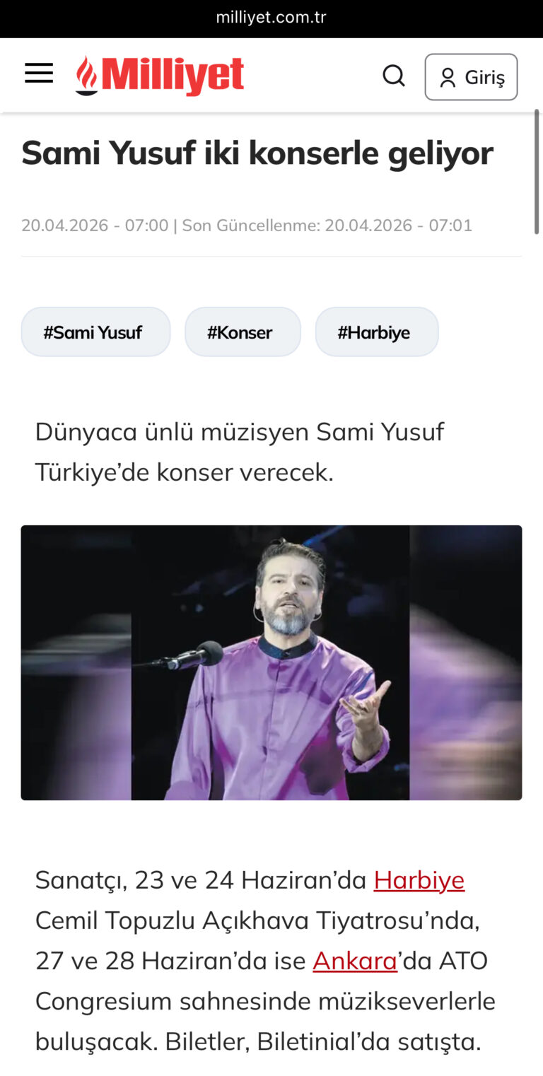 World-renowned musician Sami Yusuf will give a concert in Turkey.