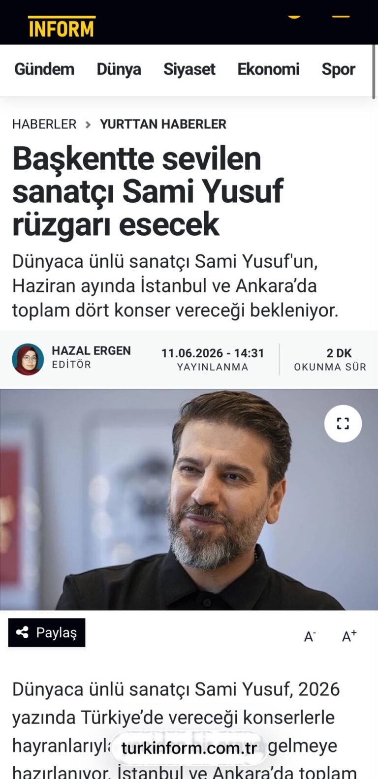 Başkentte sevilen sanatçı Sami Yusuf rüzgarı esecek