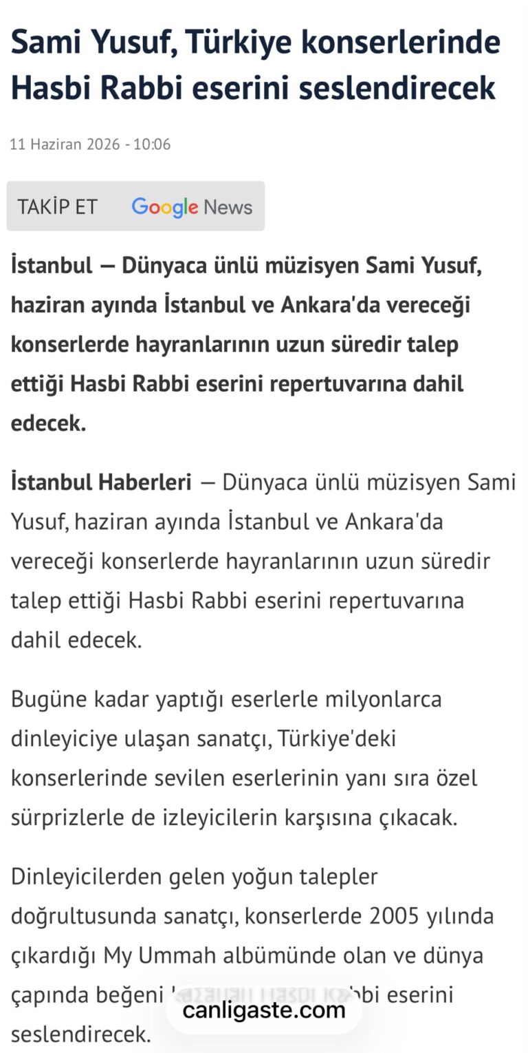 Sami Yusuf, Türkiye konserlerinde Hasbi Rabbi eserini seslendirecek