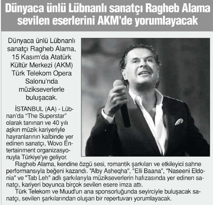 Dünyaca Ünlü Lübnanlı Sanatçı Ragheb Alama Sevilen Eserlerini AKM’de Yorumlayacak